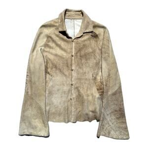 Genuine leather flared sleeve gold clasp jacket